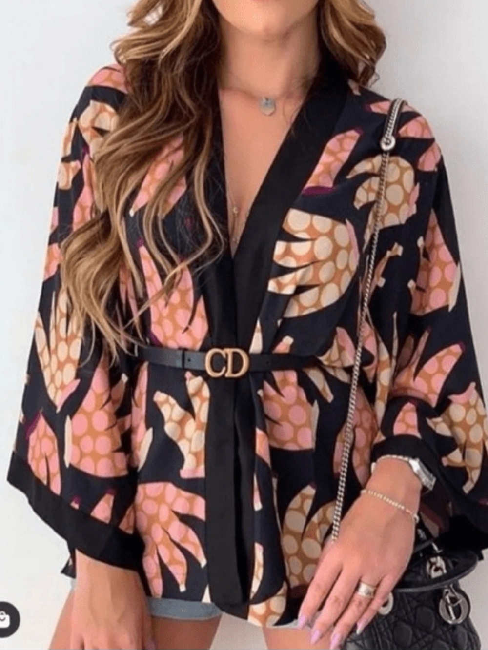 Farm Rio Black Florale-Print Kimono Top with Pink & Beige Accents